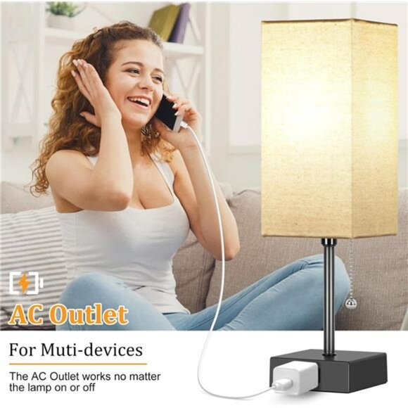 Set of 2 Small Bedroom Table Lamps with AC Outlet Pull Chain and LED Bulbs - Picture 6 of 7